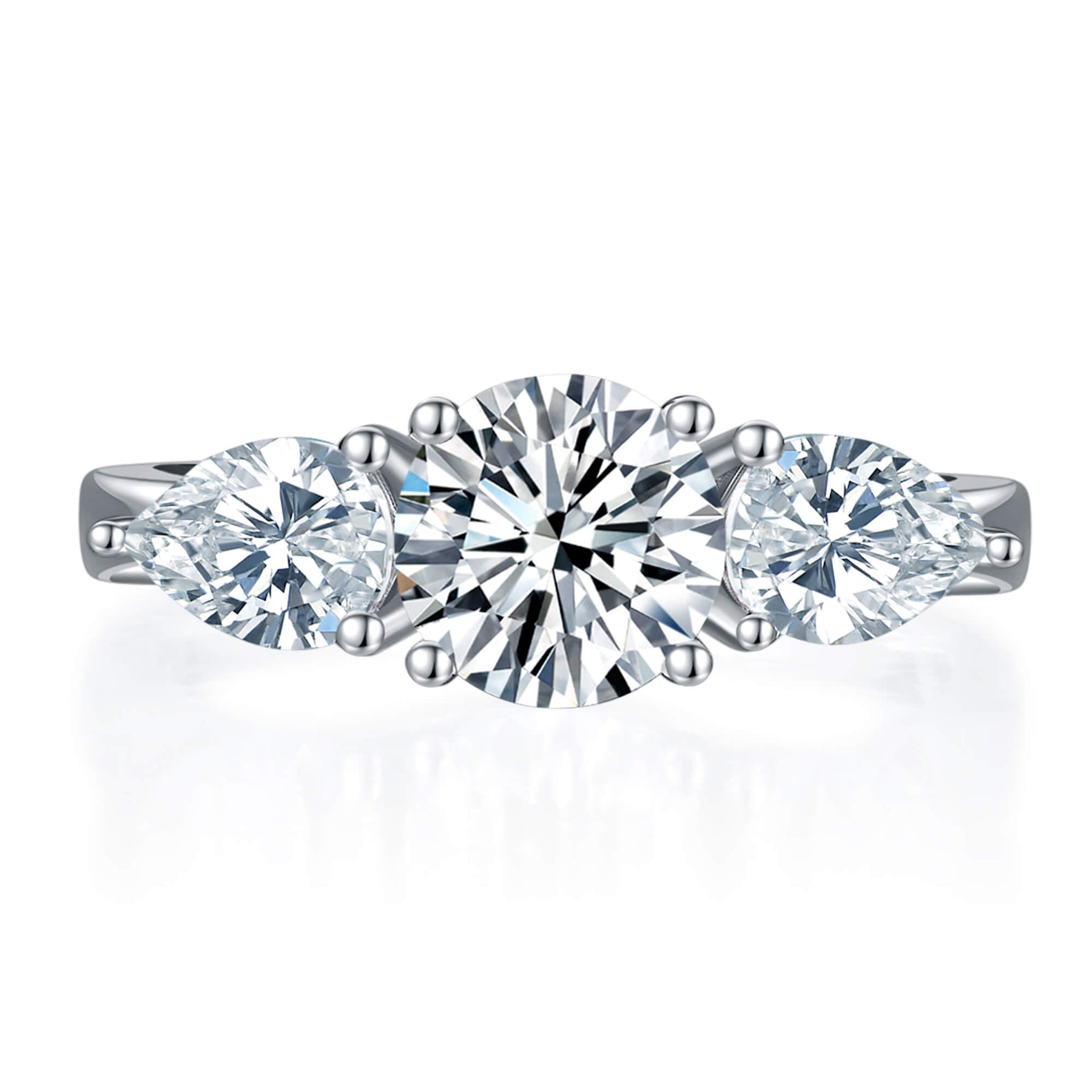 BOYA 2.00 CTW Round Moissanite Three Stone Engagement Ring in 18K White Gold Plated