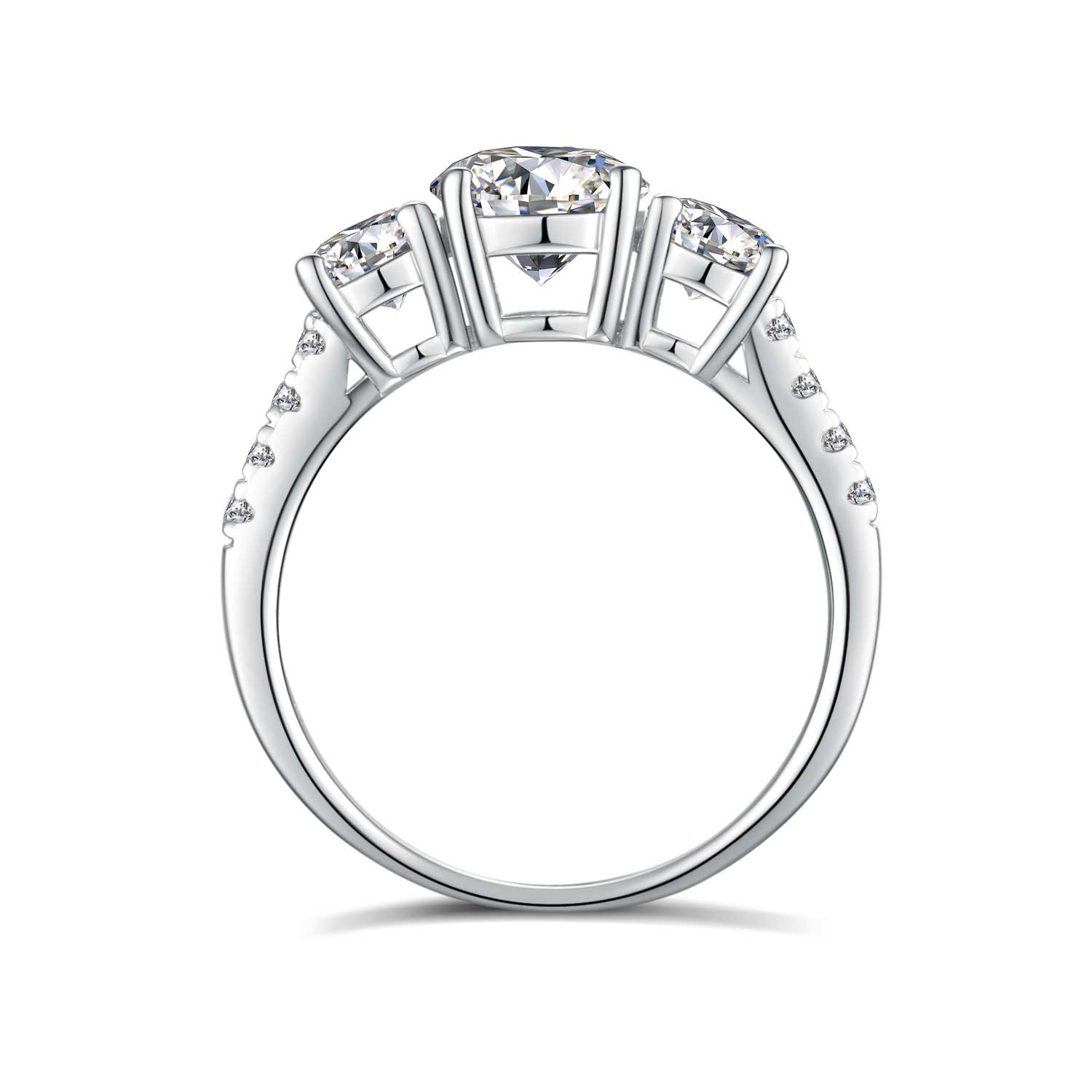 BOYA 2.66 CTW Round Moissanite Three Stone with Side Accents Engagement Ring in 18K White Gold Plated