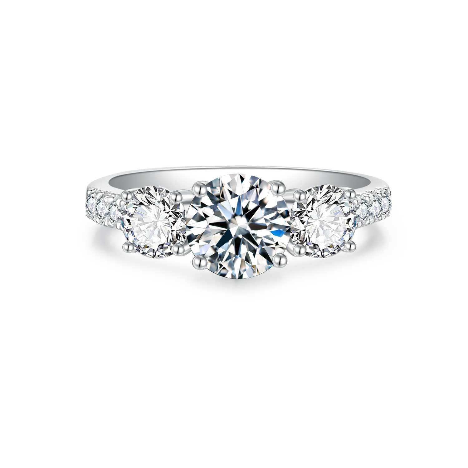 BOYA 2.66 CTW Round Moissanite Three Stone with Side Accents Engagement Ring in 18K White Gold Plated