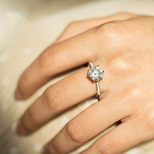 BOYA 2.09 CTW Round Moissanite Six Prong with Side Accents Engagement Ring in 18K White Gold Plated