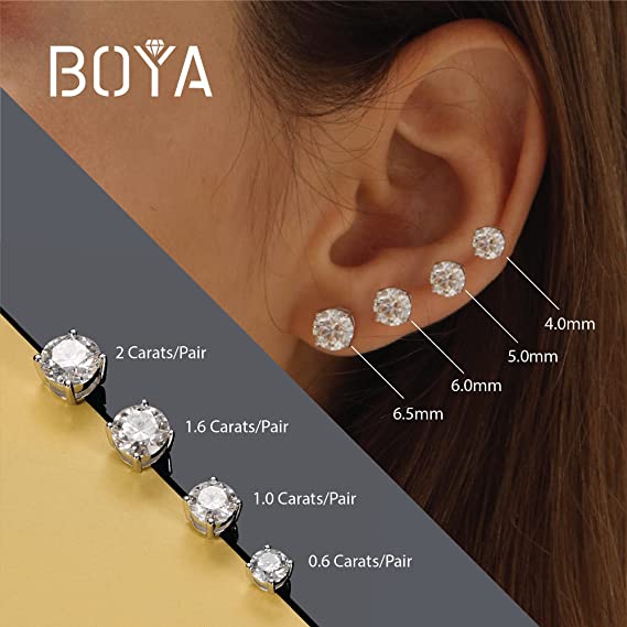 BOYA 0.6-4 CTW Round Moissanite Four Prong Solitaire Stud Earrings in 18K White Gold Plated