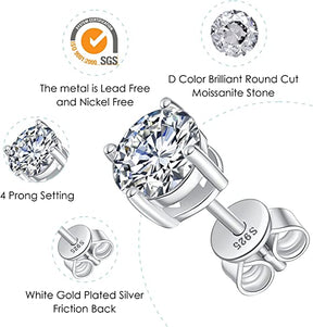 BOYA 0.6-4 CTW Round Moissanite Four Prong Solitaire Stud Earrings in 18K White Gold Plated