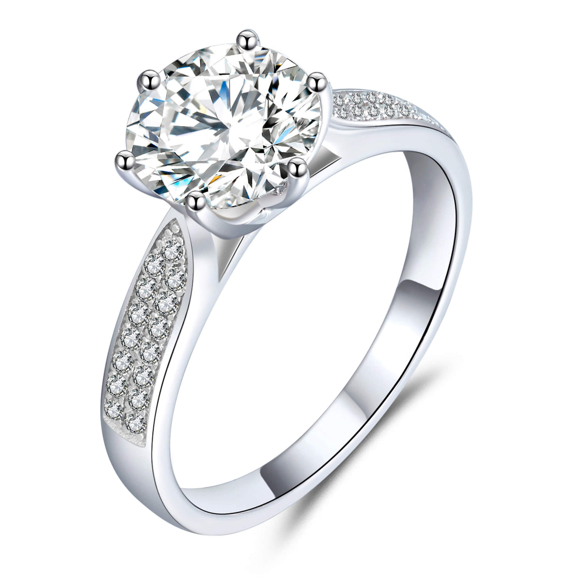 BOYA 2.15 CTW Round Moissanite Six Prong Solitaire with Side Accents Engagement Ring in 18K White Gold Plated