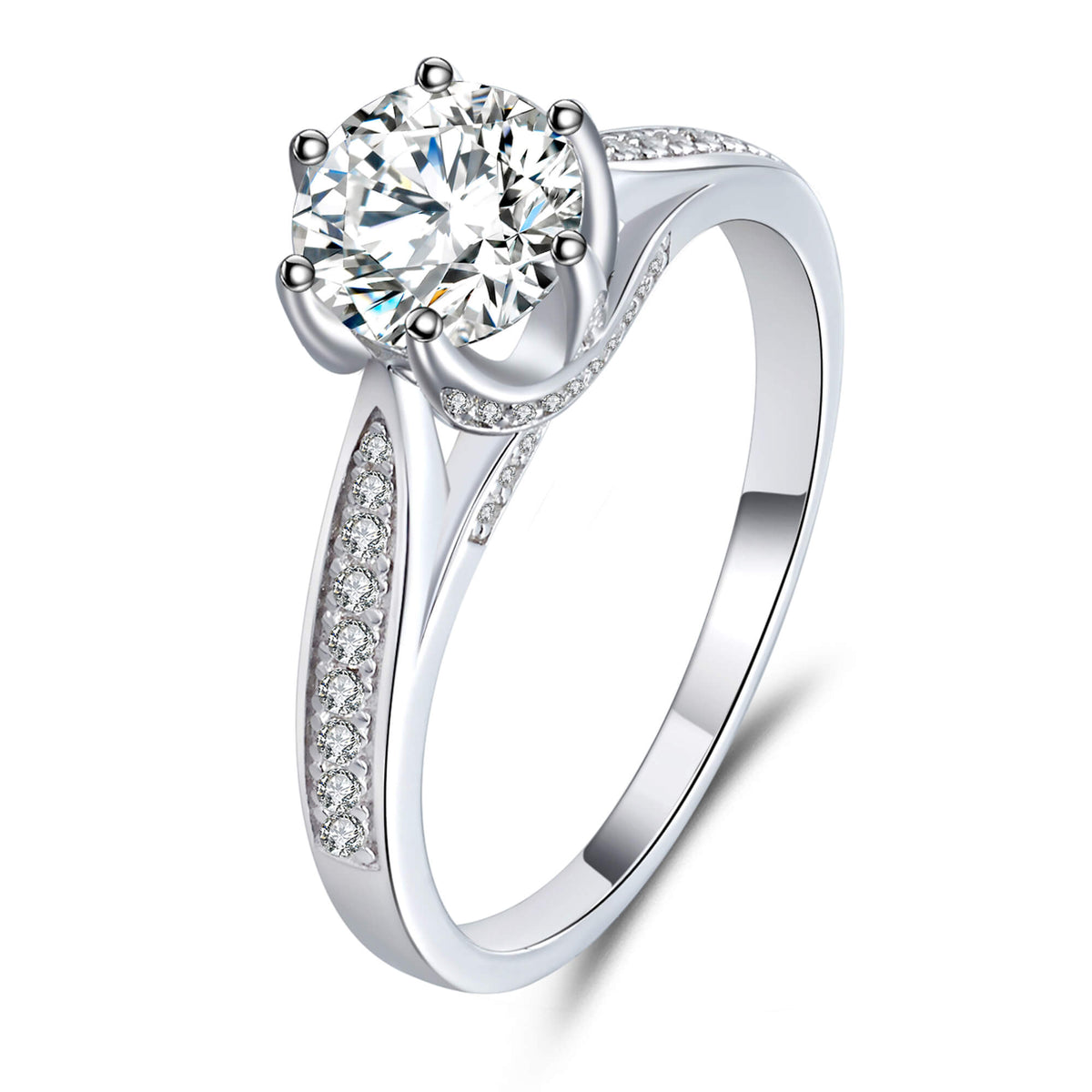 BOYA 1.20 CTW Round Moissanite Six Prong Solitaire with Side Accents Engagement Ring in 18K White Gold Plated