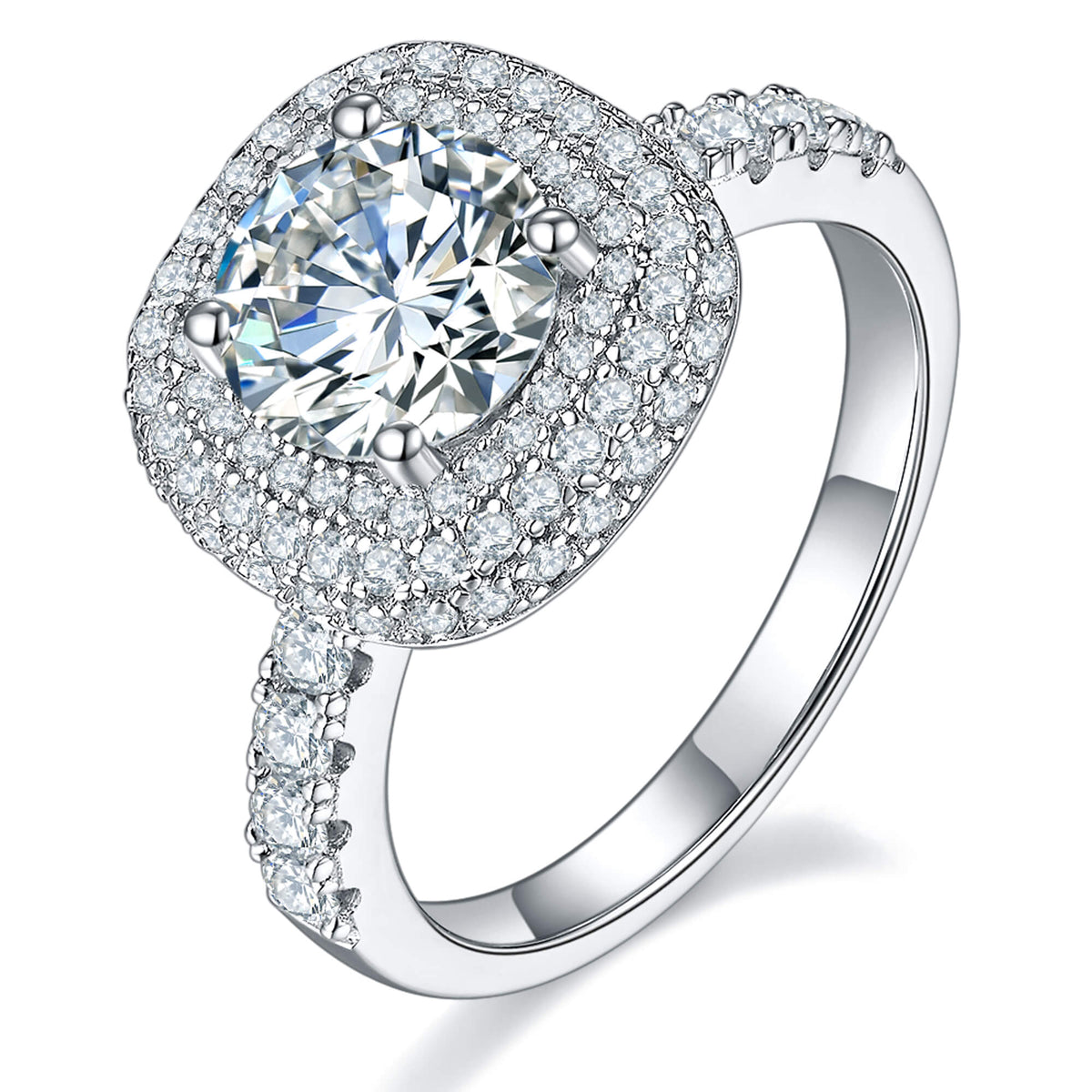 BOYA 2.14 CTW Round Moissanite Halo with Side Accents Engagement Ring in 18K White Gold Plated