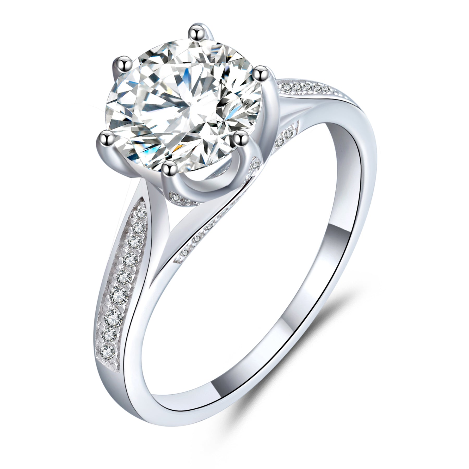 BOYA 2.21 CTW Round Moissanite Six Prong with Side Accents Engagement Ring in 18K White Gold Plated