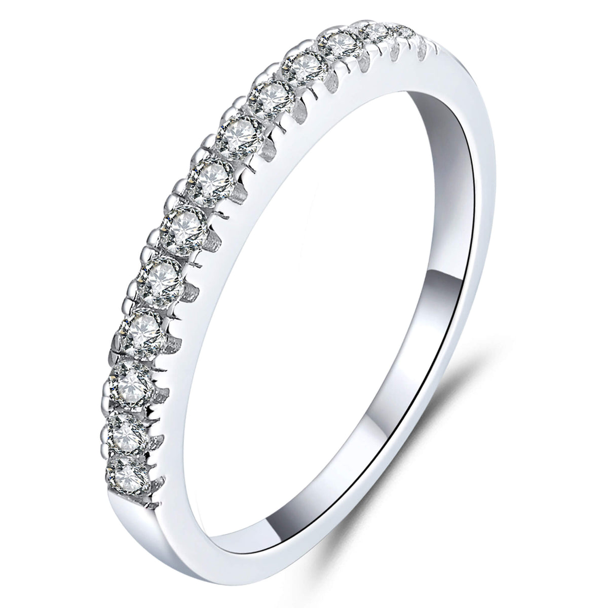 BOYA 0.26 CTW Round Moissanite Shared Prong Wedding Ring Band in 18K White Gold Plated