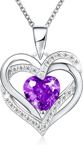 boya February Birthstone Necklace Sterling Silver Created Gemstone or Genuine Rose Flower Heart Pendant Necklace