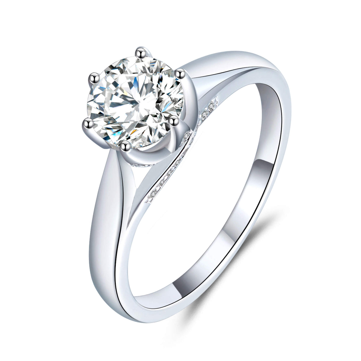 BOYA 1.11 CTW Round Moissanite Six Prong Engagement Ring in 18K White Gold Plated