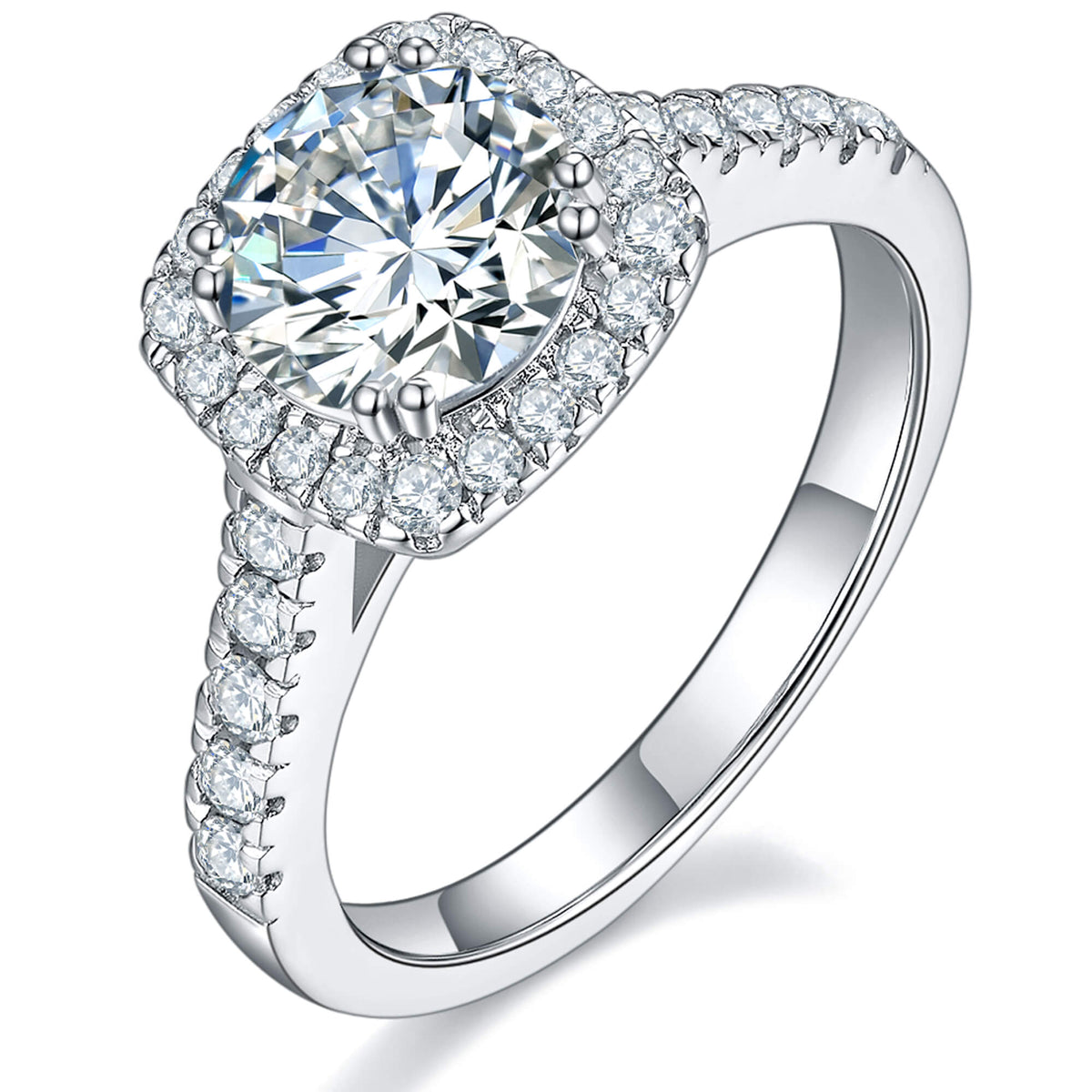 BOYA 1.59 CTW Round Moissanite Halo with Side Accents Engagement Ring in 18K White Gold Plated