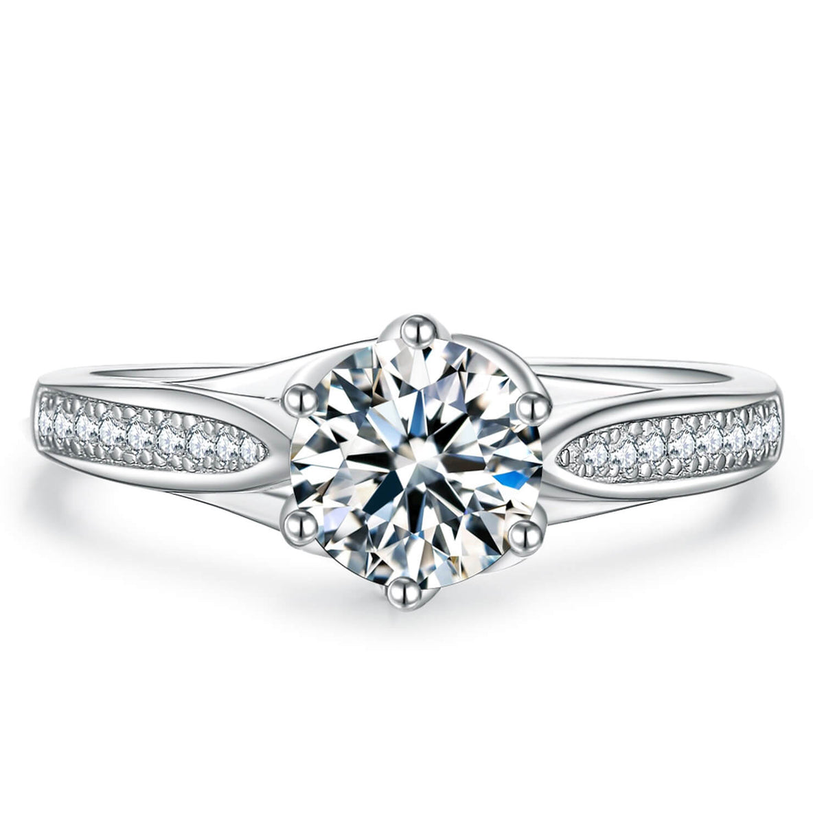 BOYA 1.20 CTW Round Moissanite Six Prong Solitaire with Side Accents Engagement Ring in 18K White Gold Plated