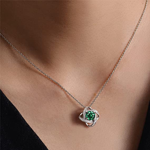BOYA Love Knot Necklace Birthstone 925 Sterling Silver Pendant Jewelry-05-May- Created Emerald