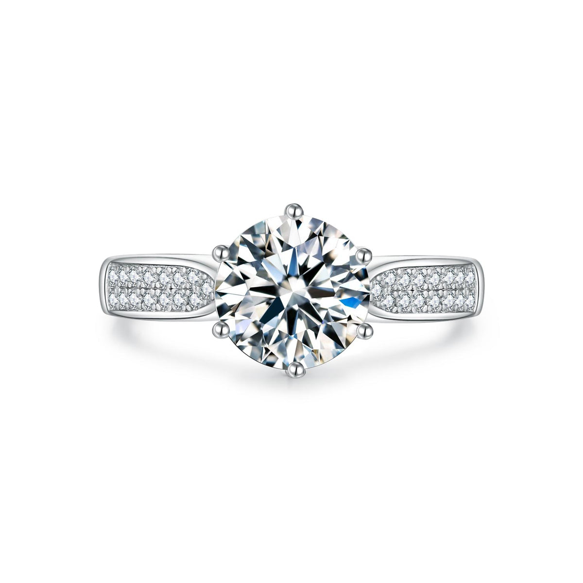 BOYA 2.15 CTW Round Moissanite Six Prong Solitaire with Side Accents Engagement Ring in 18K White Gold Plated