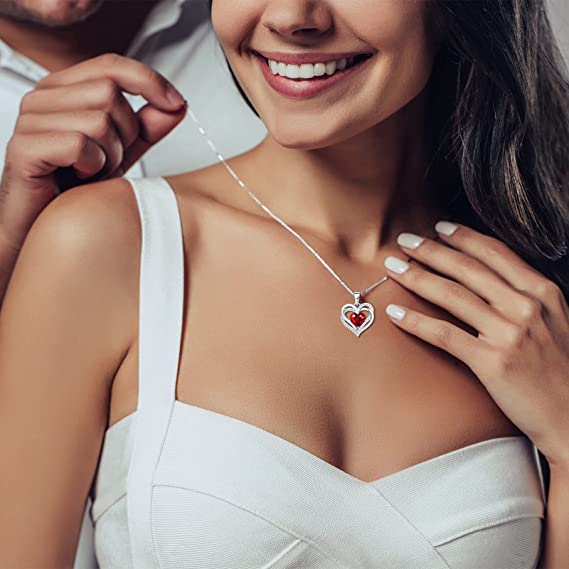 boya January Birthstone Necklace Sterling Silver Created Gemstone or Genuine Rose Flower Heart Pendant Necklace