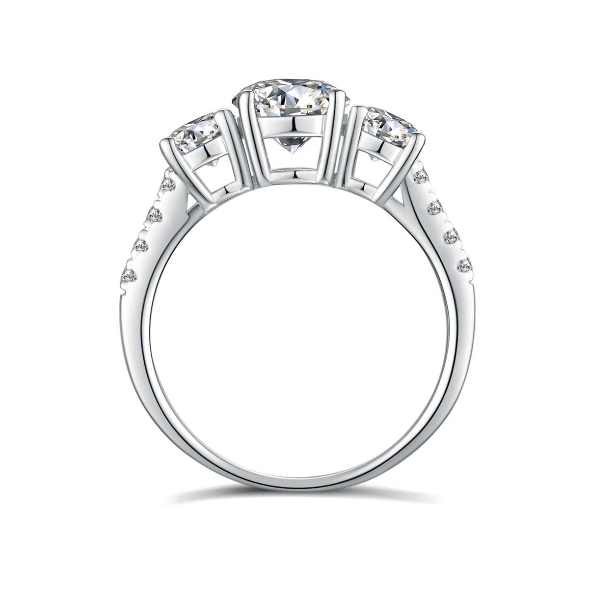 BOYA 2.66 CTW Round Moissanite Three Stone with Side Accents Engagement Ring in 18K White Gold Plated