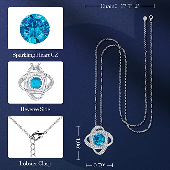 BOYA Love Knot Necklace Birthstone 925 Sterling Silver Pendant Jewelry-03-Mar- Created Aquamarine
