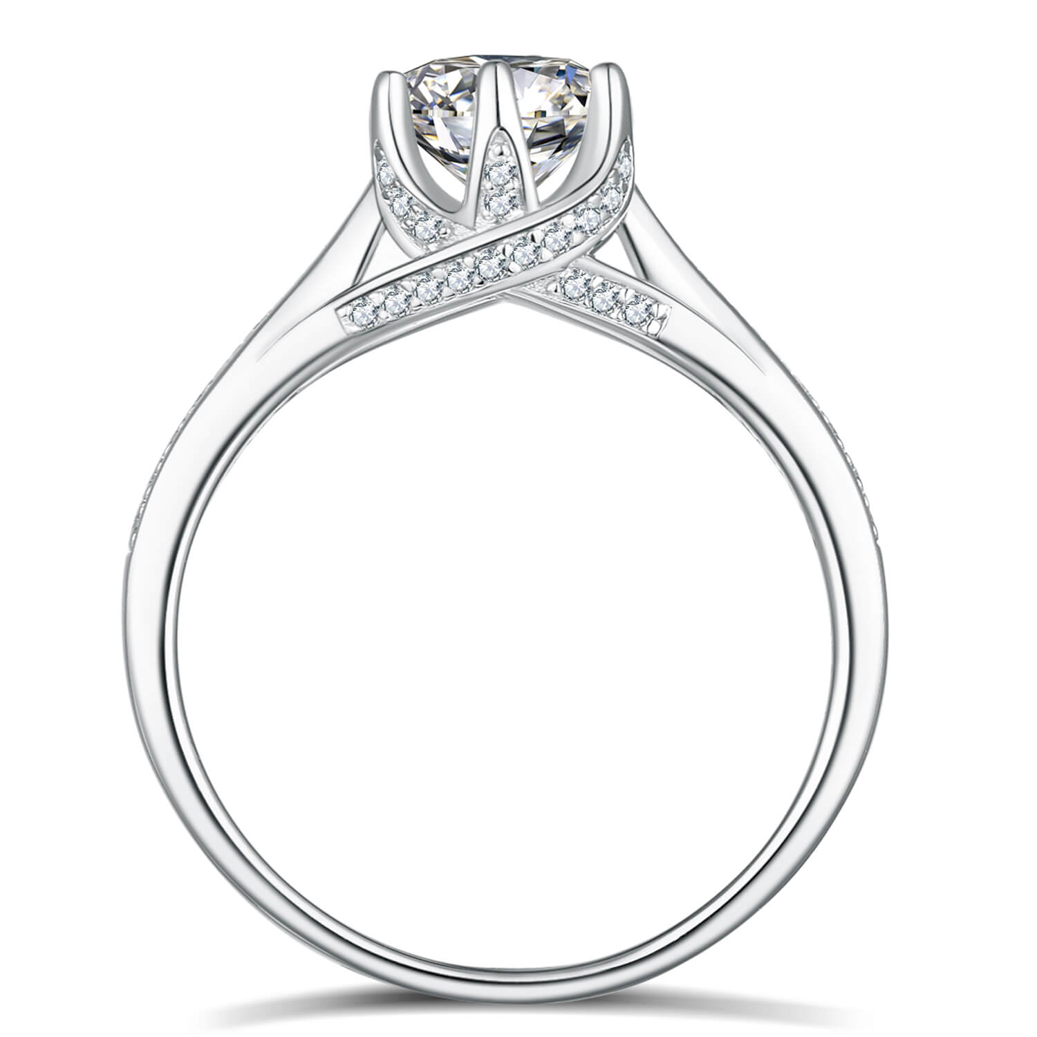 BOYA 1.20 CTW Round Moissanite Six Prong Solitaire with Side Accents Engagement Ring in 18K White Gold Plated
