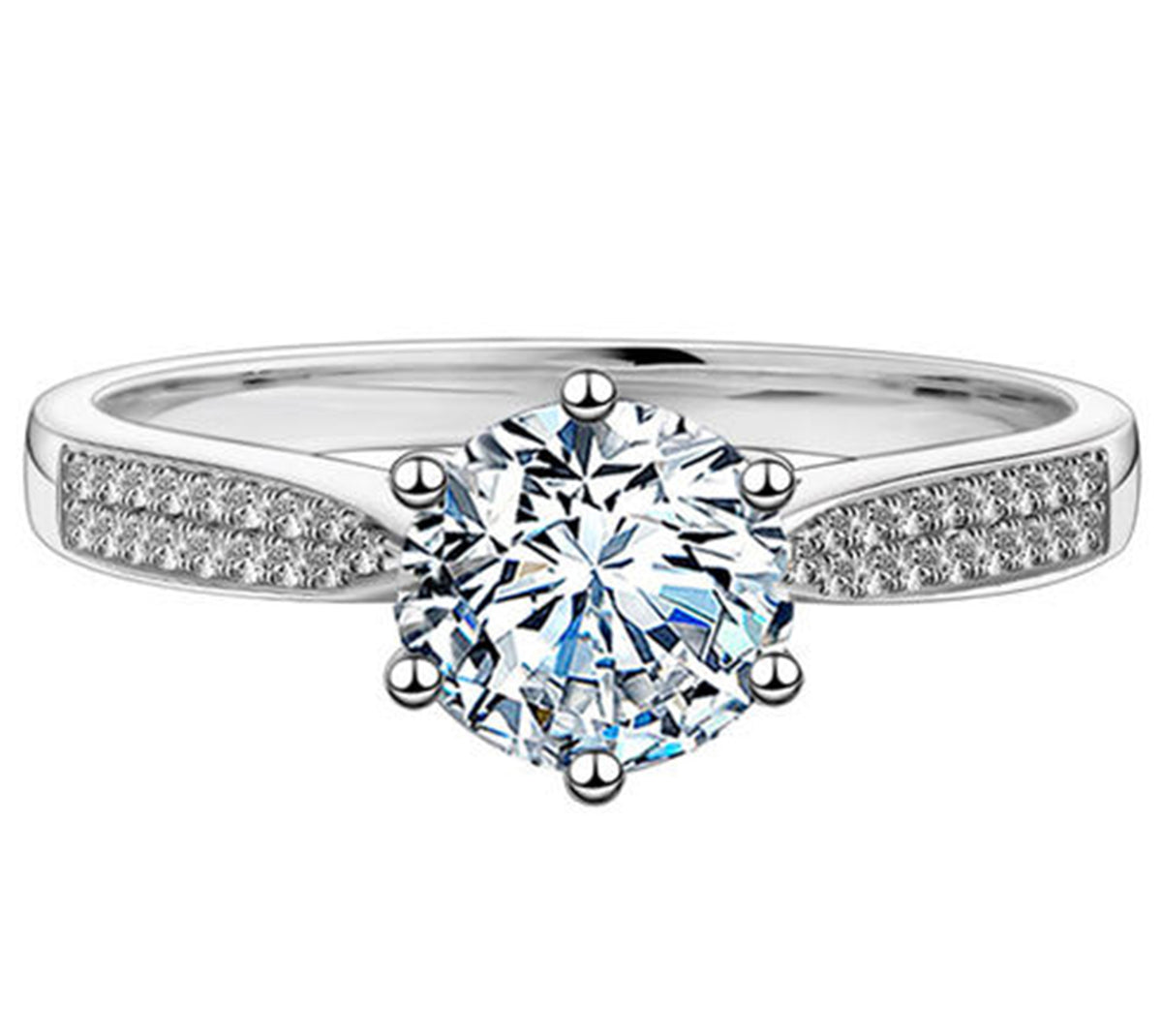 BOYA 2.21 CTW Round Moissanite Six Prong with Side Accents Engagement Ring in 18K White Gold Plated
