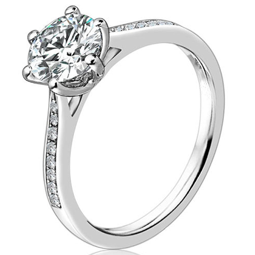 BOYA 2.09 CTW Round Moissanite Six Prong with Side Accents Engagement Ring in 18K White Gold Plated