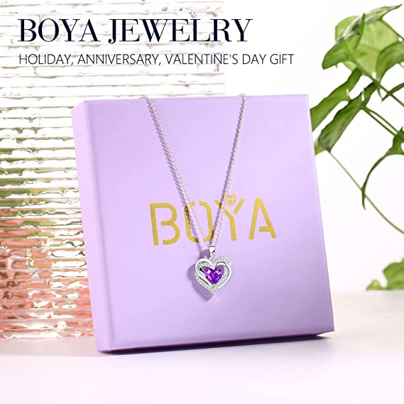 boya February Birthstone Necklace Sterling Silver Created Gemstone or Genuine Rose Flower Heart Pendant Necklace