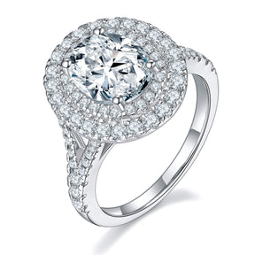 BOYA 2.76 CTW Oval Moissanite Halo with Side Accents Engagement Ring in 18K White Gold Plated