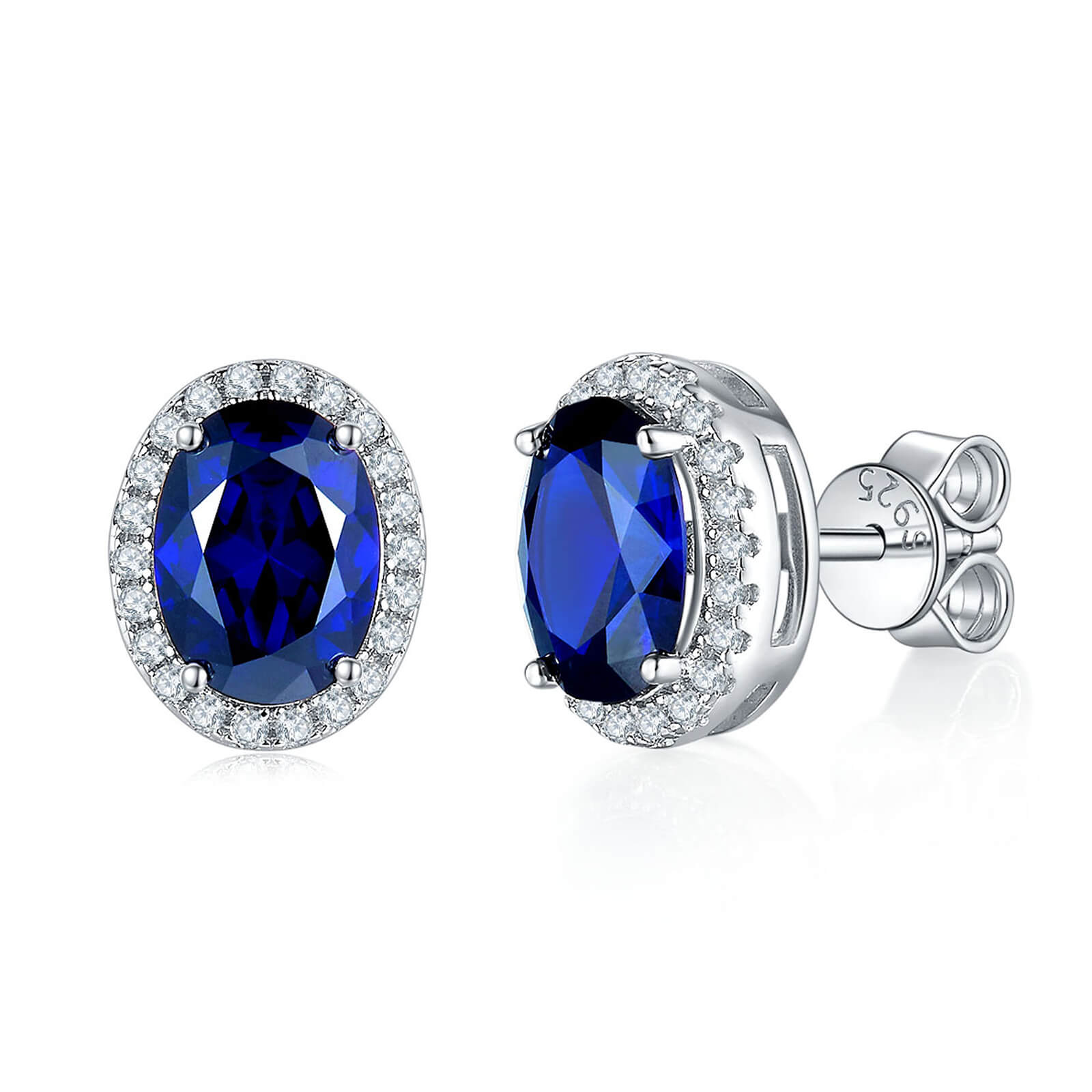 BOYA 1 CTW / 2.4 CTW Oval Sapphire Halo Stud Earrings in 925 Sterling Silver