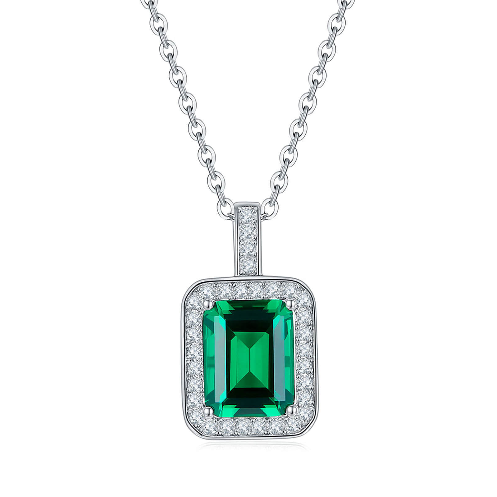 BOYA 2.16 CTW Emerald Sapphire Halo Pendant Necklace in 925 Sterling Silver