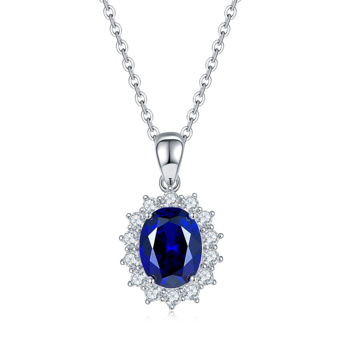 BOYA 4.72 CTW Oval Sapphire Halo Pendant Necklace in 925 Sterling Silver