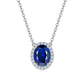 BOYA 2.13 CTW Oval Sapphire Halo Pendant Necklace in 925 Sterling Silver