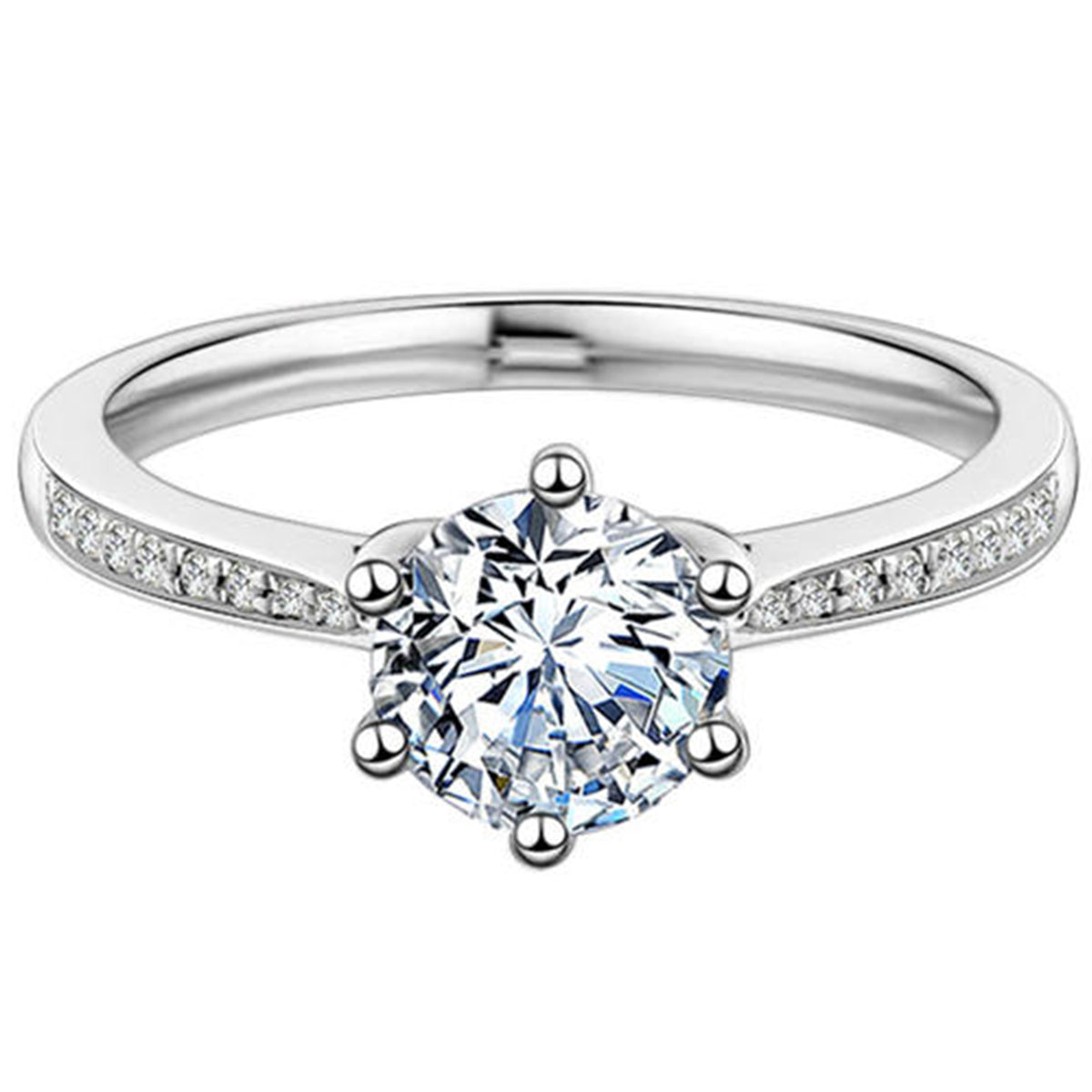 BOYA 2.09 CTW Round Moissanite Six Prong with Side Accents Engagement Ring in 18K White Gold Plated