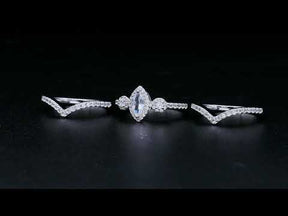 BOYA 1.84 CTW Marquise Sapphire Halo Three Stone with Side Accents 3PCS Bridal Wedding Ring Set in 925 Sterling Silver